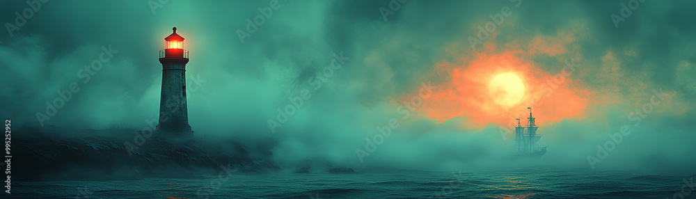 Naklejka premium Haunted lighthouse, guiding a ghostly pirate ship, eerie glow, Watercolor style