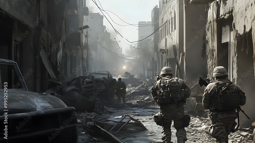 Soldiers Advancing Through Intense Urban Battlefield Amidst Destroyed Buildings and Abandoned Vehicles Navigating Chaos and Destruction of a War Torn City Soldiers Advancing Through Intense Urban Battlefield Amidst Destroyed Buildings and Abandoned Vehicles Navigating Chaos and Destruction of a War Torn City