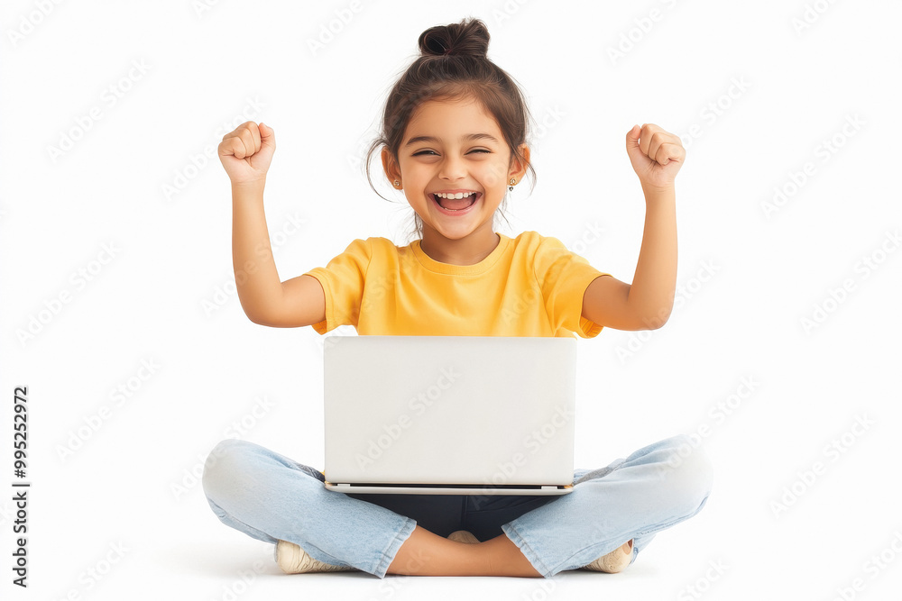 Indian girl sitting on the floor and cheering with her laptop Indian girl sitting on the floor and cheering with her laptop
