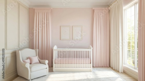 Elegant nursery design featuring pastel-colored walls, a pink armchair, white crib, and soft curtains. Bright and serene.