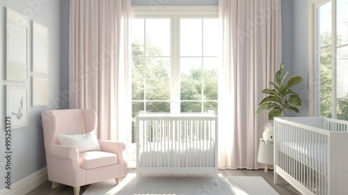 Elegant nursery design featuring pastel-colored walls, a pink armchair, white crib, and soft curtains. Bright and serene.