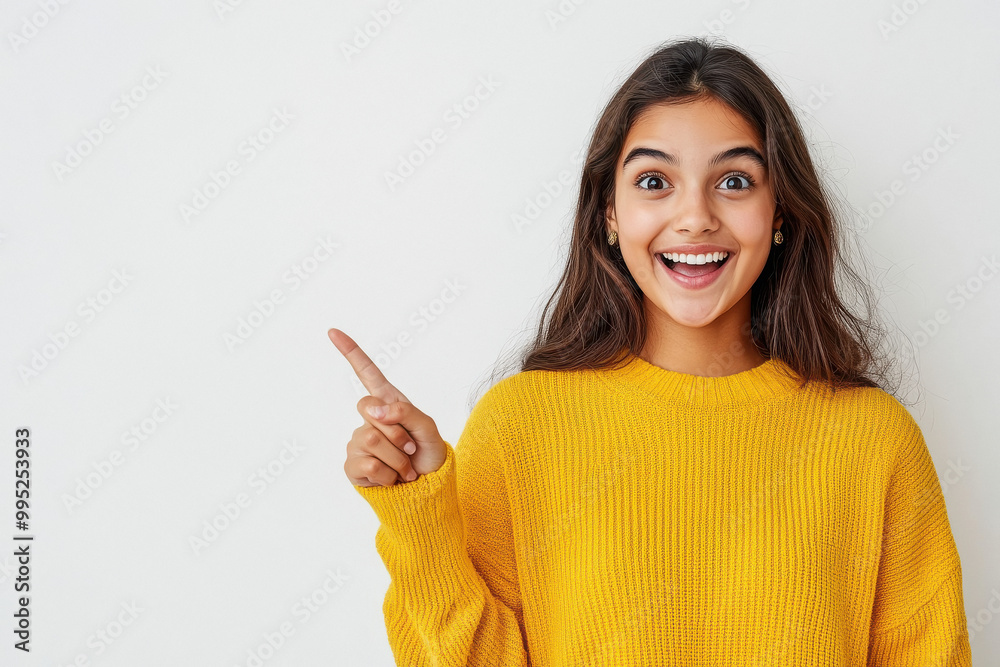 young indian girl pointing with finger on white background young indian girl pointing with finger on white background