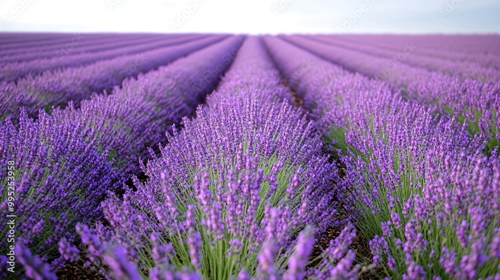 Obraz premium A field of purple lavender flowers in rows, stretching out to the horizon under a clear sky.