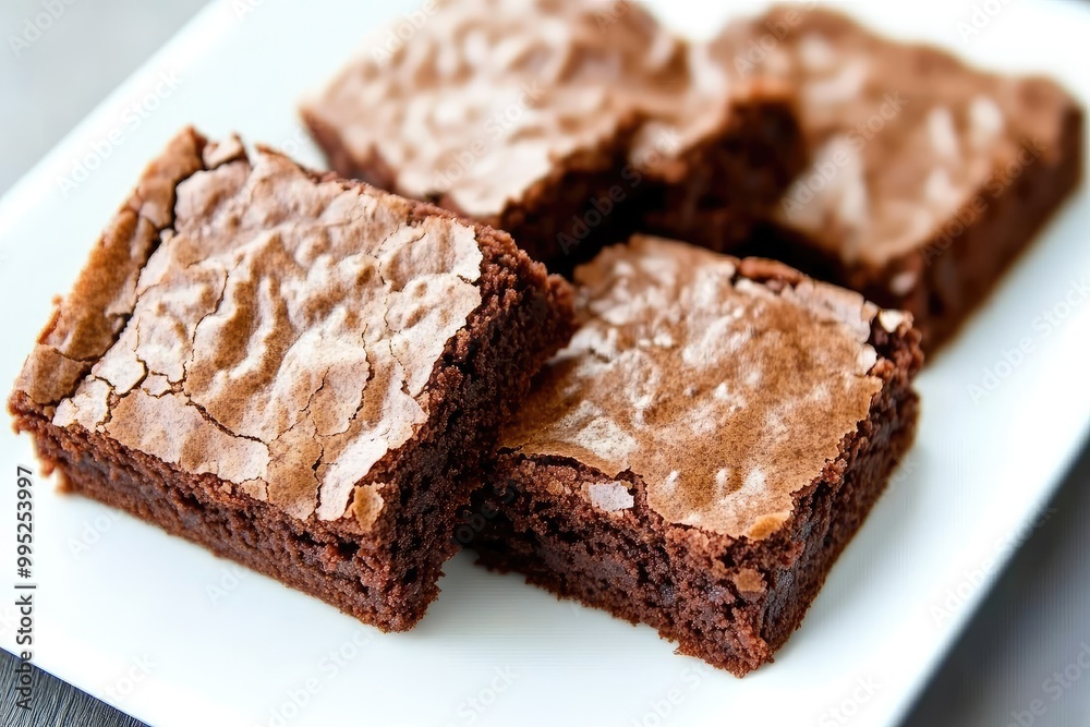 Four Chocolate Brownies on a White Plate Four Chocolate Brownies on a White Plate