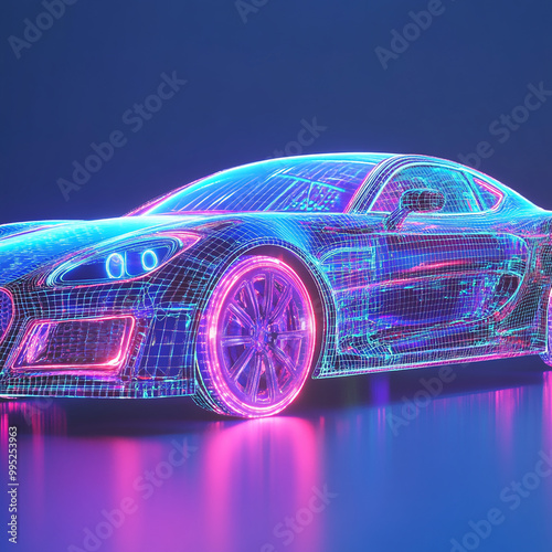 hyper realistic Futuristic AR conceptual car digital wireframe car concept with blue background generated by AI photo