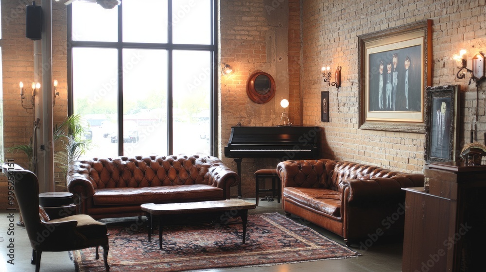 custom made wallpaper toronto digitalHipster loft with vintage decor, brick walls, leather furniture, and Edison bulbs. Urban chic and warm tones.