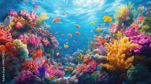 A vibrant coral reef teeming with colorful marine life