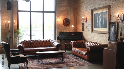 Wallpaper Mural Hipster loft with vintage decor, brick walls, leather furniture, and Edison bulbs. Urban chic and warm tones. Torontodigital.ca