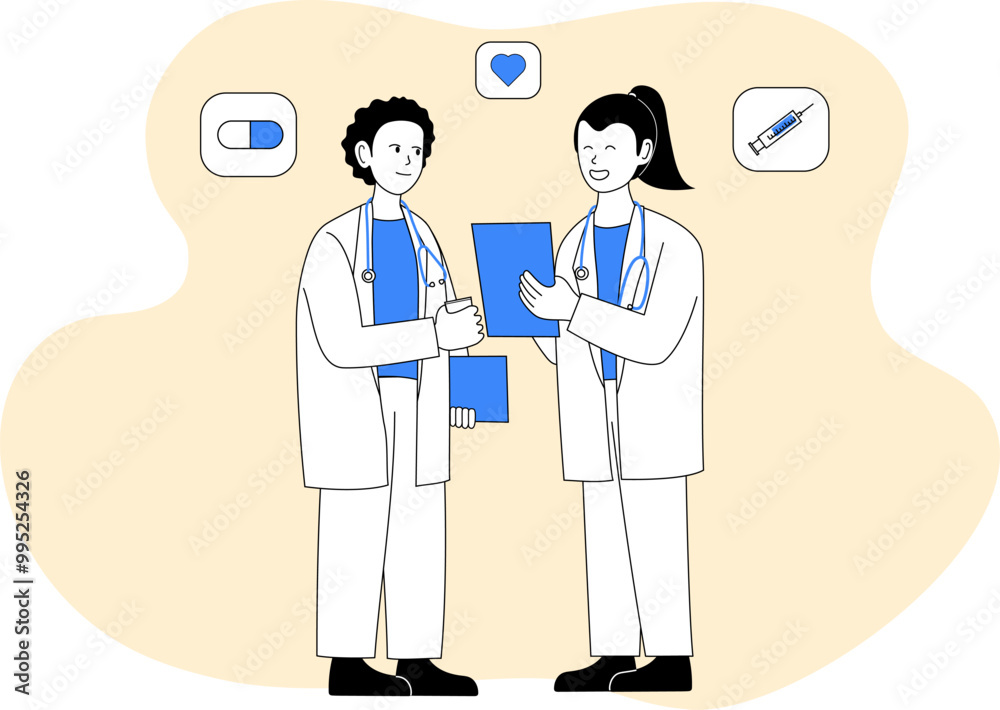 Doctor wear uniform talking together about patient health with medicine heart and syringe. flat design graphic blue and white. Doctor wear uniform talking together about patient health with medicine heart and syringe. flat design graphic blue and white.