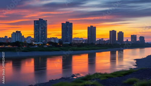 Dusk beauty of urban architecture by the dual riverside scenery