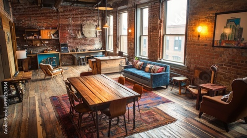 Industrial hipster loft with vintage furniture, brick walls, and rustic decor. Warm lighting fills the space.