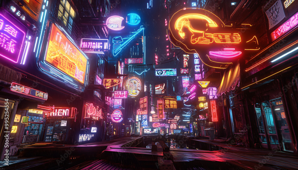  Bright, glowing neon signs in various shapes and colors, with a futuristic, cyberpunk-style backdrop