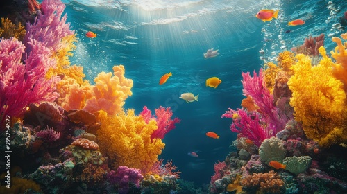 A vibrant coral reef teeming with colorful marine life