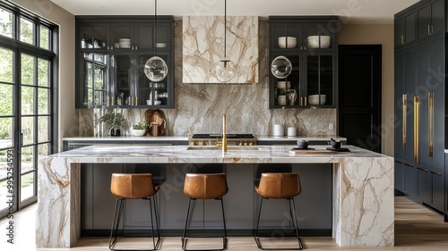 Modern kitchen with marble countertops and stylish seating.