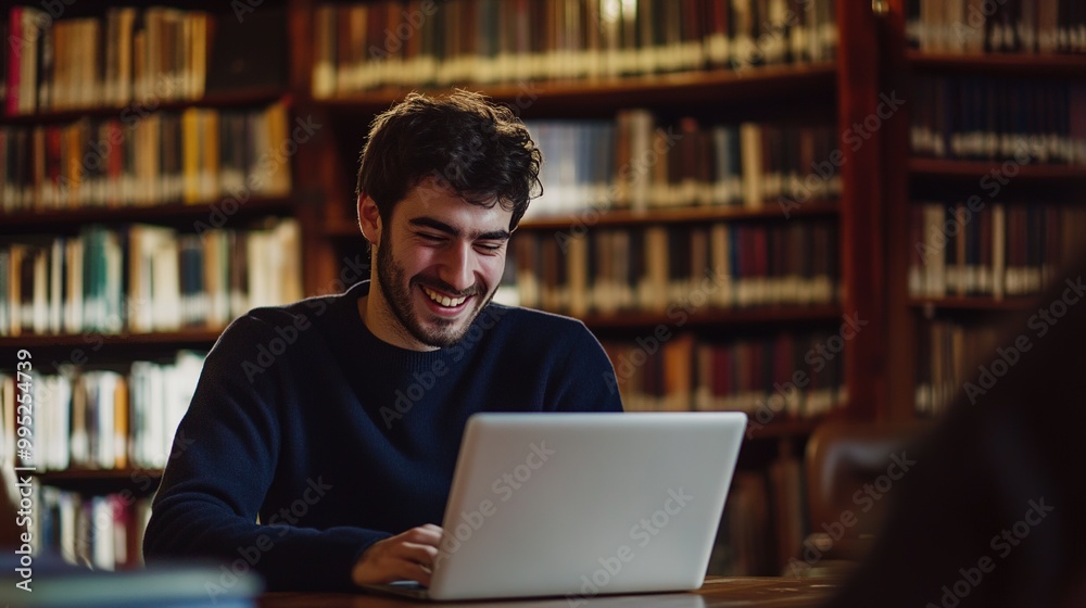 Young Man Working on Laptop in Library Setting Young Man Working on Laptop in Library Setting
