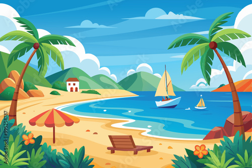 Summer beach with sea illustration.