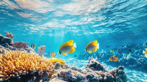 A vibrant coral reef teeming with tropical fish in crystal-clear waters photo