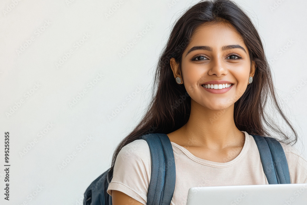 young indian female student holding laptop on white background young indian female student holding laptop on white background