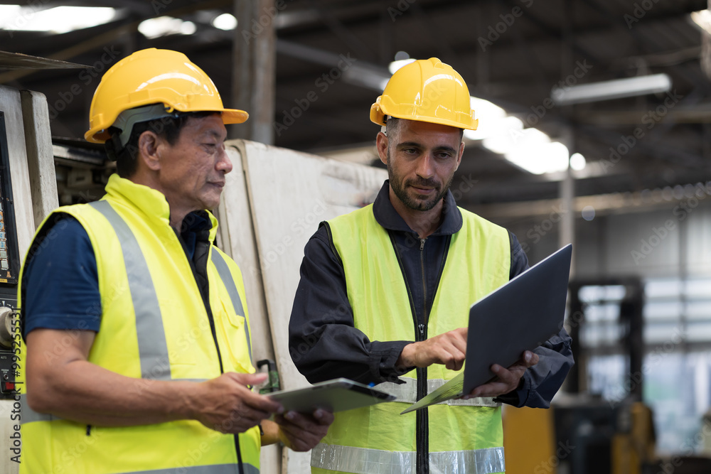 Two male engineer worker discuss and working together in industry factory. Male engineer repairing or maintenance CNC machine in factory Two male engineer worker discuss and working together in industry factory. Male engineer repairing or maintenance CNC machine in factory