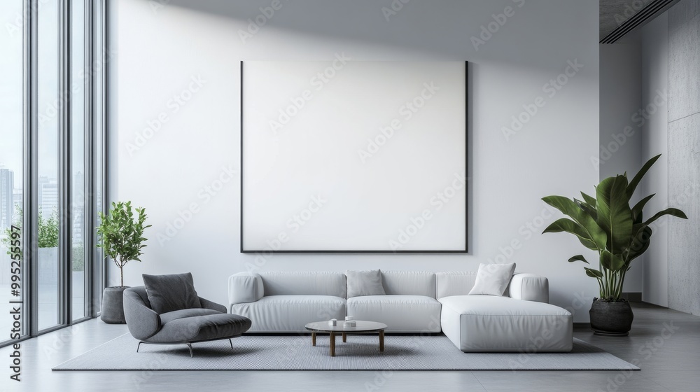 Minimalist modern living room with blank wall poster and stylish furniture in neutral tones. Perfect for mock-up designs. Minimalist modern living room with blank wall poster and stylish furniture in neutral tones. Perfect for mock-up designs.
