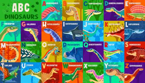 Kids prehistoric dinosaurs alphabet featuring dino species for each letter. Vector educational abc font for ancient reptile animals learning with herbivore, carnivore, terrain or underwater creatures