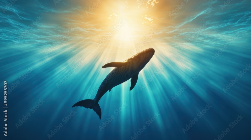 Obraz premium Majestic Shark Swimming Beneath Sunlit Ocean Surface