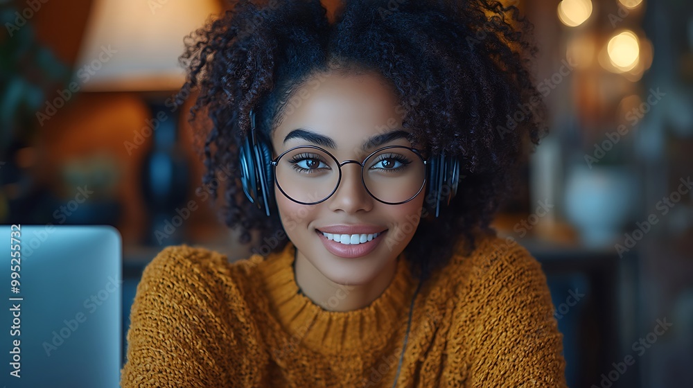 Happy african American woman working remotely on a virtual video team meeting call, remote work and flexible culture concept. Inclusive and diverse workplace. DEI remote working. Happy african American woman working remotely on a virtual video team meeting call, remote work and flexible culture concept. Inclusive and diverse workplace. DEI remote working.