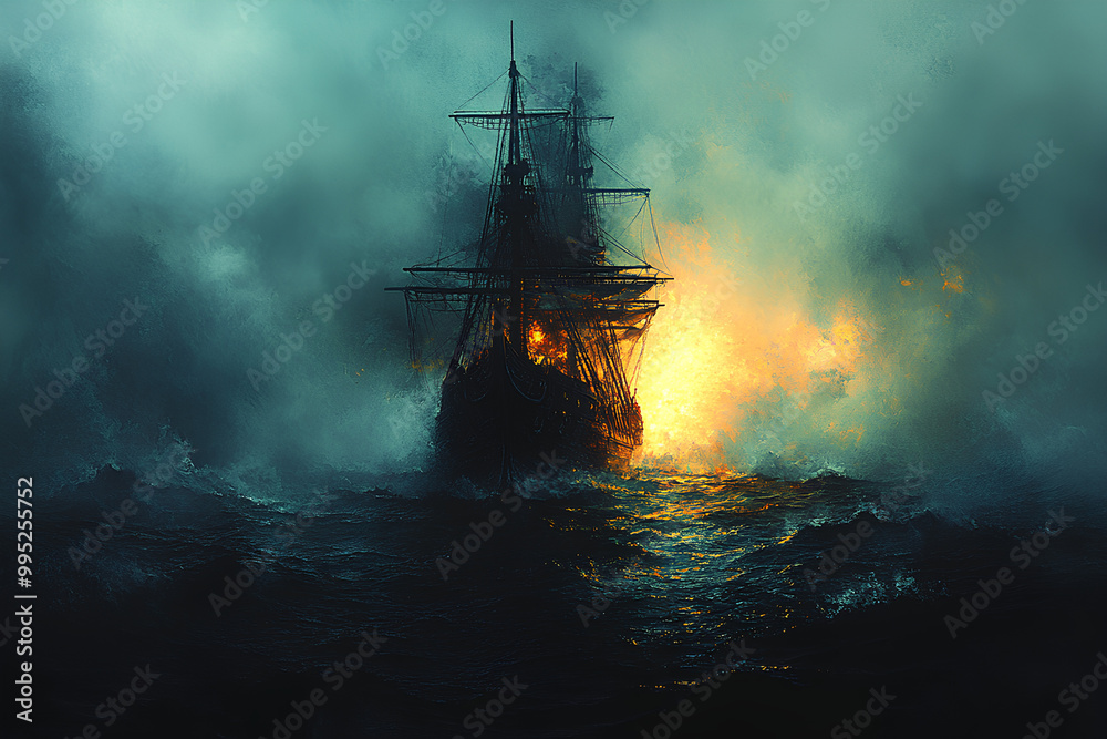 Pirate ghost ship, navigating through cursed waters, spectral glow, Watercolor style Pirate ghost ship, navigating through cursed waters, spectral glow, Watercolor style
