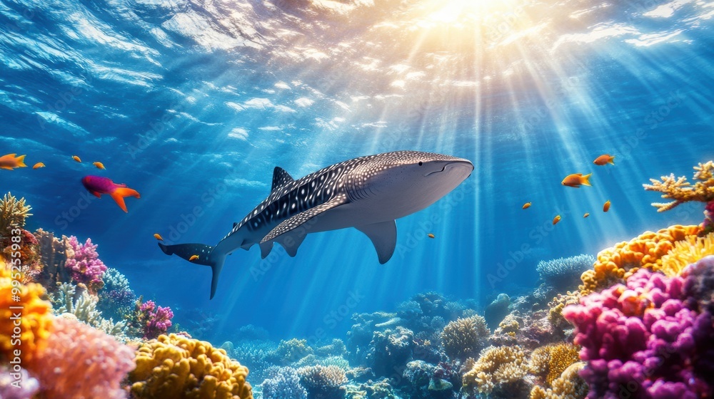 Fototapeta premium Majestic Whale Shark Swimming in Vibrant Coral Reef