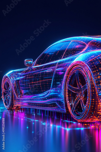 hyper realistic Futuristic AR conceptual car digital wireframe car concept with blue background generated by AI