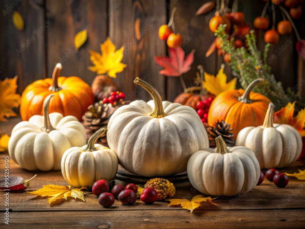 Graceful white pumpkins showcased on a rustic wooden table, artfully surrounded by delightful autumn decorations that Graceful white pumpkins showcased on a rustic wooden table, artfully surrounded by delightful autumn decorations that