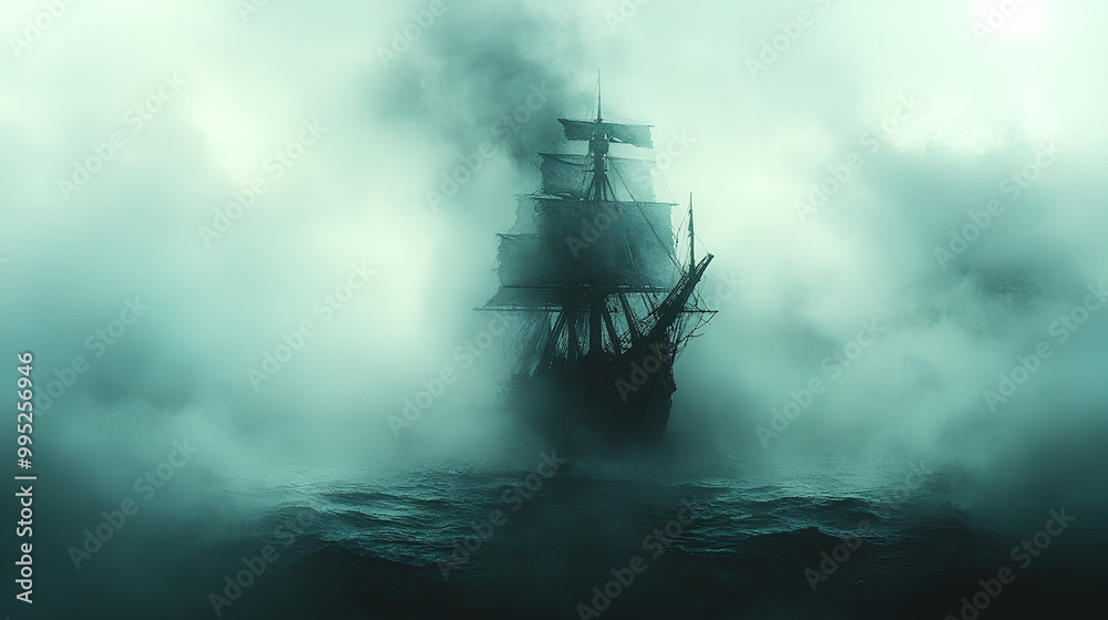 Ghostly pirate ship, emerging from the depths, eerie fog, Watercolor style Ghostly pirate ship, emerging from the depths, eerie fog, Watercolor style