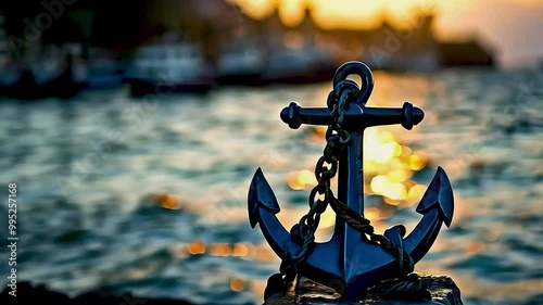 an anchor  with  the ocean  and  boats  in the background
