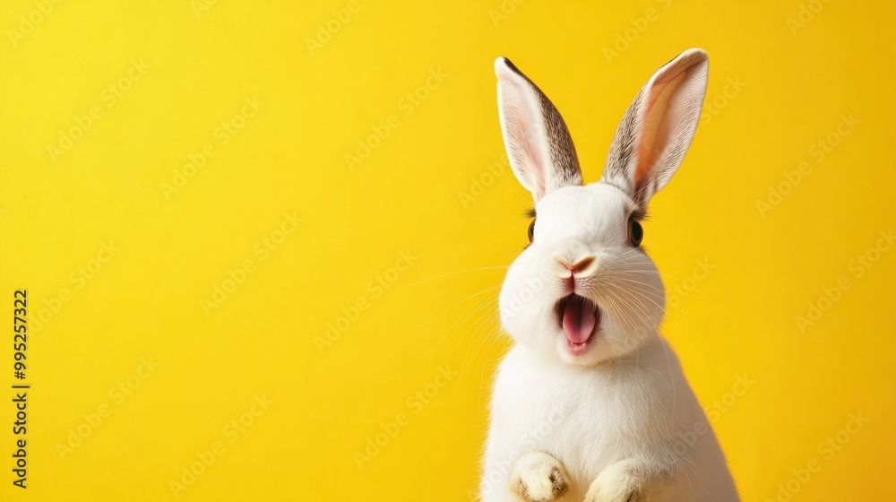 Surprised bunny against a vivid yellow background, perfect for Easter promotions, pet care advertising, or vibrant spring-themed graphics. Copy space for text. Easter sale, discount.