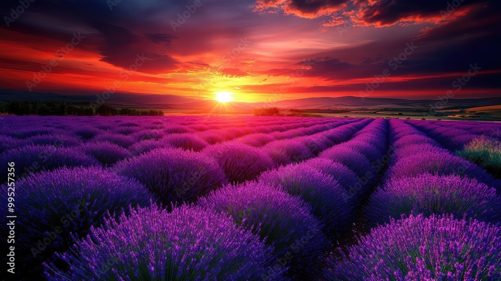 A vibrant sunset illuminating a field of lavender A vibrant sunset illuminating a field of lavender