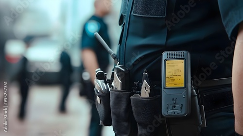 Walkie Talkie Attached to Police Officer s Belt Receiving an Urgent Message in Real Time During a Field or Law Enforcement Tactical Response photo