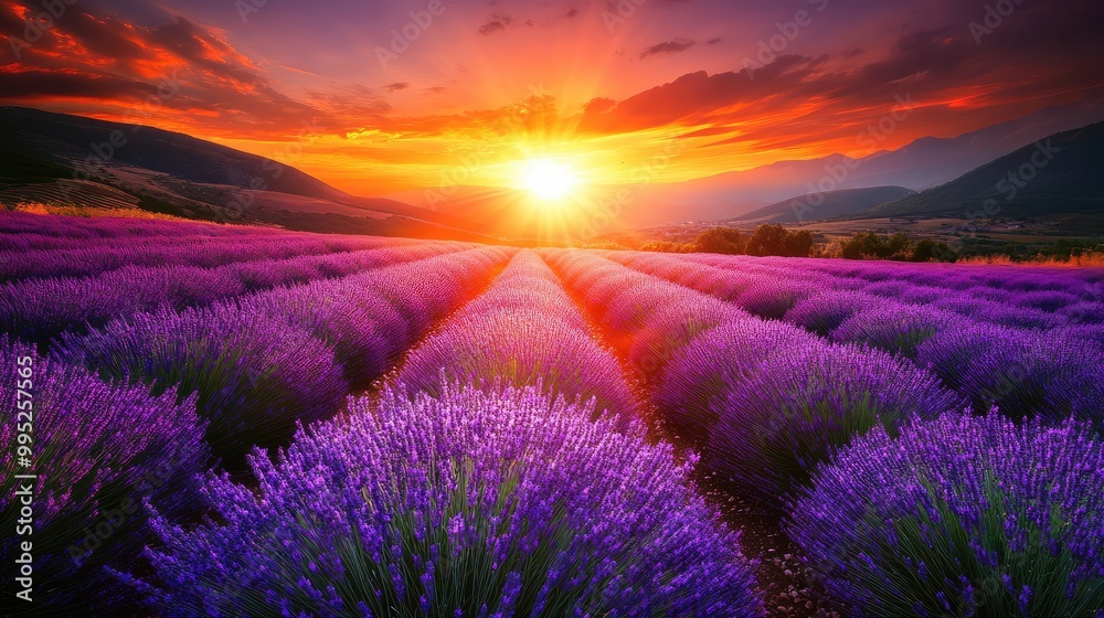 Fototapeta premium A vibrant sunset illuminating a field of lavender