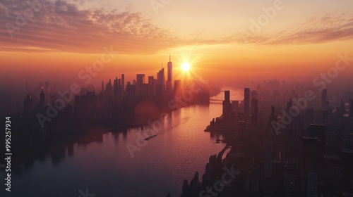 The breathtaking sight of the rising sun illuminating the sky and the city s skyline offers an incredibly stunning view at dawn