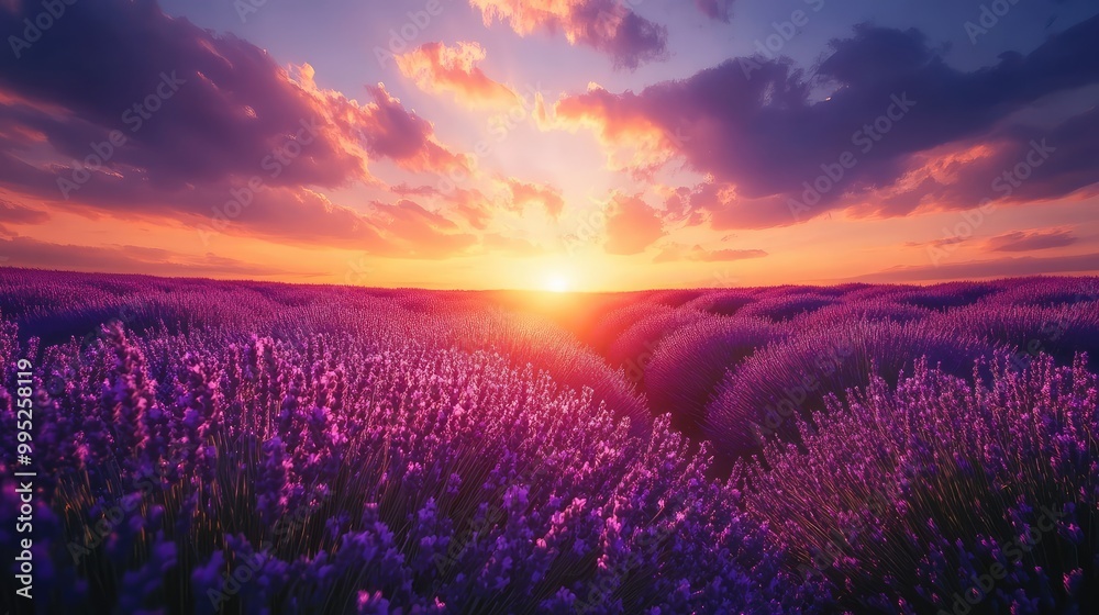 Fototapeta premium A vibrant sunset illuminating a field of lavender
