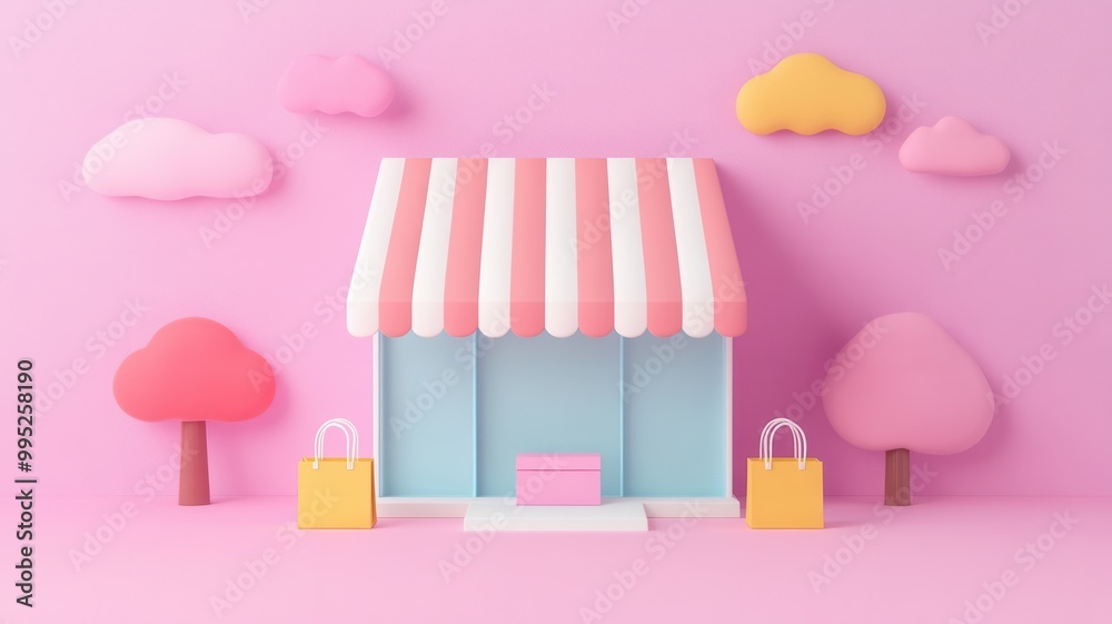 A whimsical pastel scene featuring a small shop with a striped awning, surrounded by fluffy clouds and stylized trees. A whimsical pastel scene featuring a small shop with a striped awning, surrounded by fluffy clouds and stylized trees.