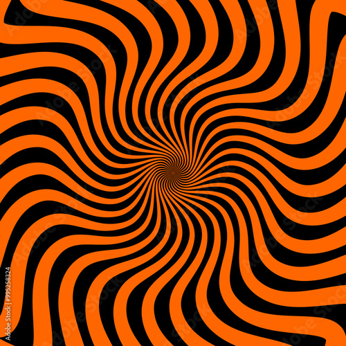 Psychedelic Halloween spiral pattern of hypnotic swirls vortex, vector background. Halloween holiday hypnotic spiral circles pattern of vertigo illusion twirls in black orange whirlpool tunnel