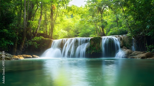 Serene Waterfall Flowing in Lush Green Forest