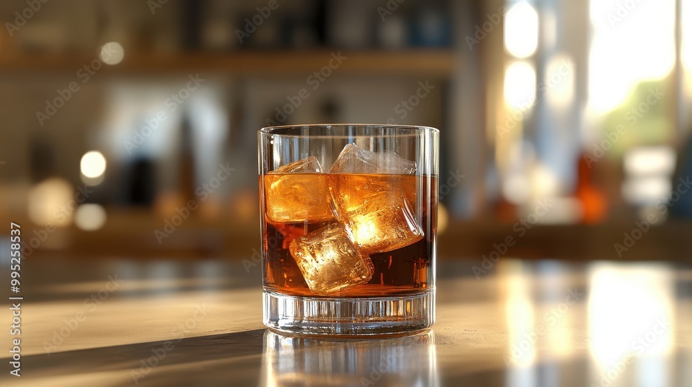 Whiskey on the Rocks: A close-up of a refreshing whiskey drink with ice cubes in a classic glass, set against the warm glow of a bar backdrop. Whiskey on the Rocks: A close-up of a refreshing whiskey drink with ice cubes in a classic glass, set against the warm glow of a bar backdrop.