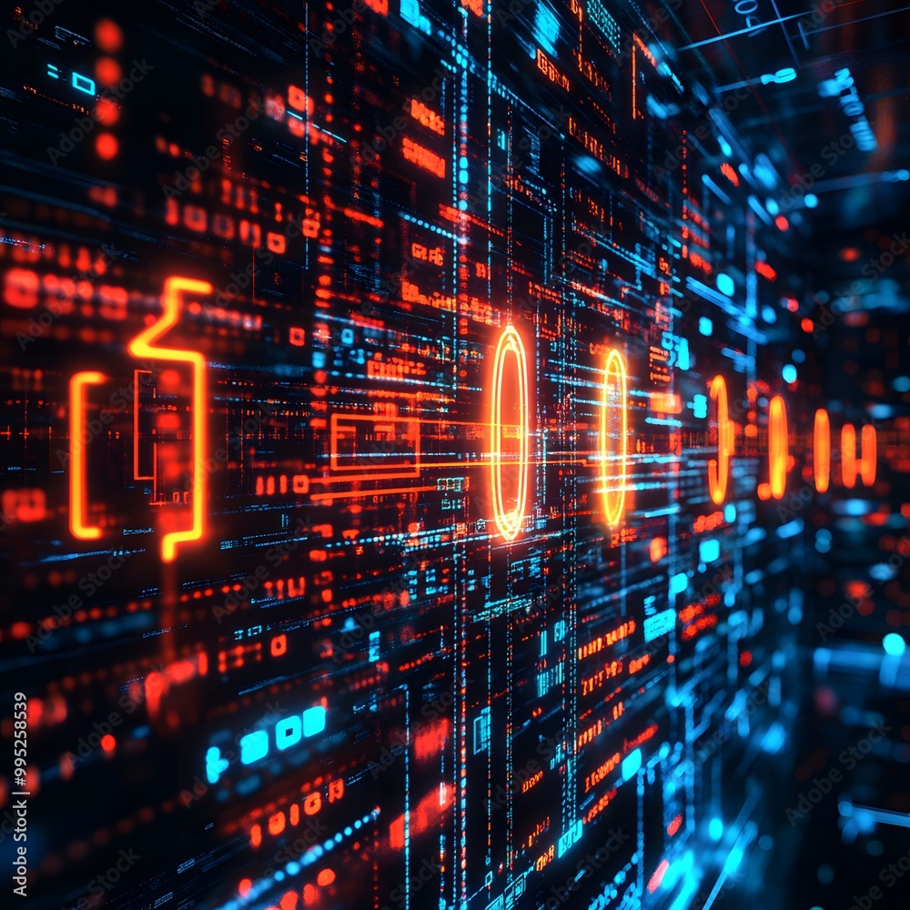Fototapeta premium Futuristic Digital Data Stream with Glowing Interfaces