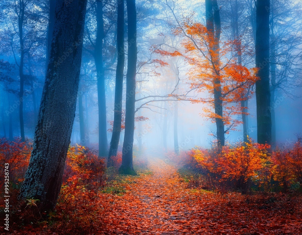 Obraz premium Mystical forest scene with a winding path and colorful autumn leaves