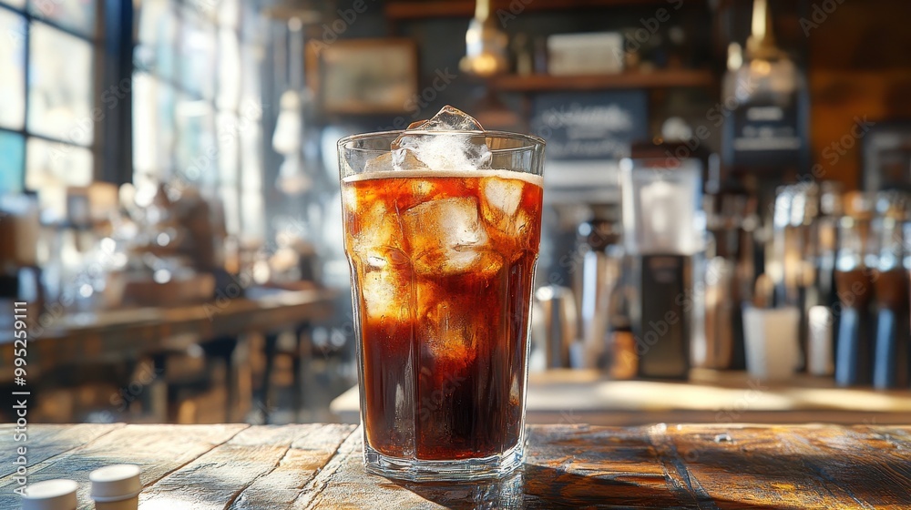 Iced Coffee in Rustic Cafe: A tall glass of refreshing iced coffee sits on a rustic wooden counter in a cozy cafe, bathed in warm sunlight. The perfect image for coffee shops, blogs, and social media. Iced Coffee in Rustic Cafe: A tall glass of refreshing iced coffee sits on a rustic wooden counter in a cozy cafe, bathed in warm sunlight. The perfect image for coffee shops, blogs, and social media.