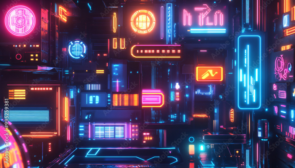Bright, glowing neon signs in various shapes and colors, with a futuristic, cyberpunk-style backdrop Bright, glowing neon signs in various shapes and colors, with a futuristic, cyberpunk-style backdrop