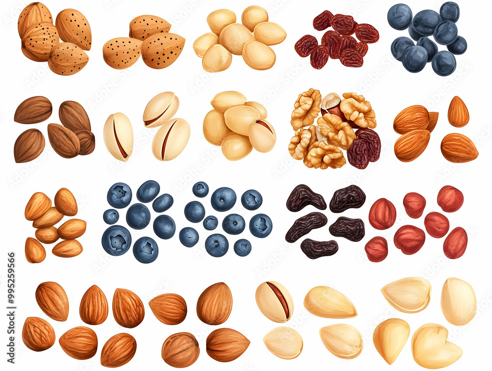 Flat Nuts and Dried Fruits Vector Illustration for Yalda Night Infographic | Assorted Nuts and Dried Fruits Showcasing Texture and Color Flat Nuts and Dried Fruits Vector Illustration for Yalda Night Infographic | Assorted Nuts and Dried Fruits Showcasing Texture and Color