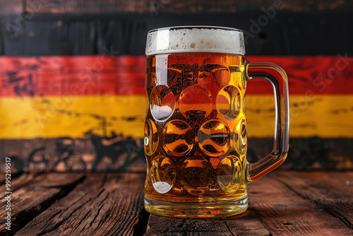 Relaxation having nice time spending learning more about local traditions concept. Kvass or beer in big glass mug with a foamy head, on table in local tavern or bar with German flag on background. photo