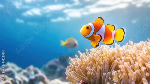 Vibrant Clownfish Swimming in Coral Reef Environment